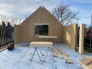 The gable end is up, but more to follow internally for this timber SIPs new build south of Cambridge.