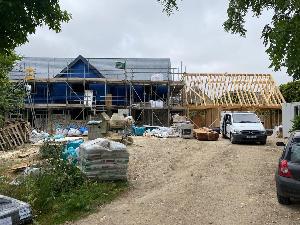 House roofed and wrapped, oak framed garage up on this new build south of Cambridge.